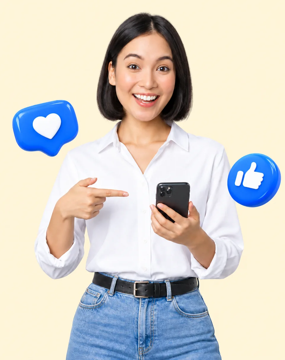 Ilustrasi kreator memegang ponsel dengan ikon interaksi media sosial